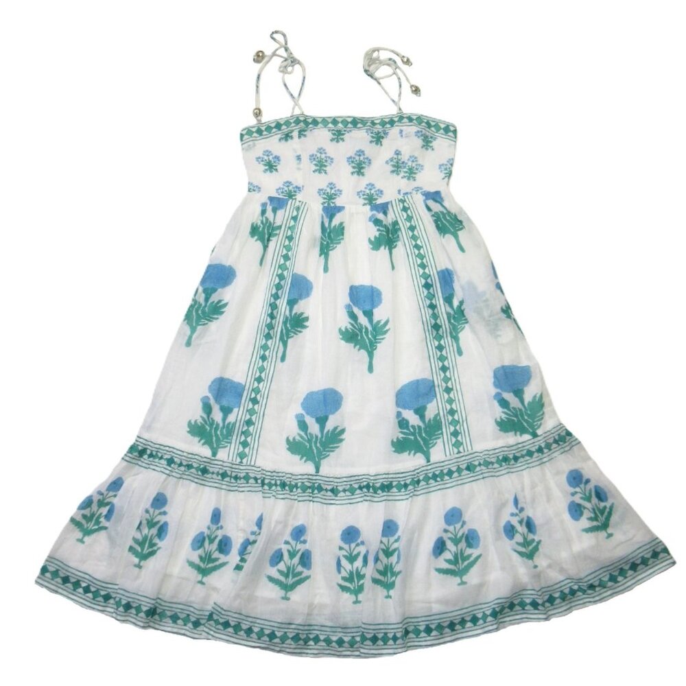 NWT Oliphant Tie Strap Midi in Bloom Blue Blockprint Cotton Tank Dress M - Picture 1 of 8